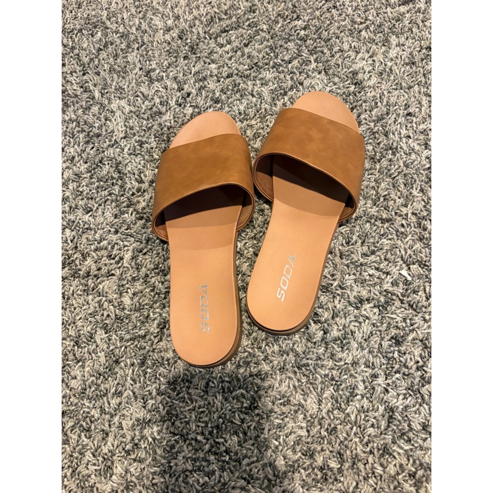 Soda Board-S Tan Brown Slide Sandals Women Size 9 Flat Open Toe Minimalist Shoes